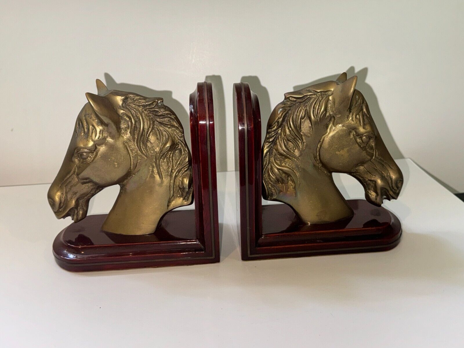 VTG Rosenthal Netter Brass Horse Head mounted on Wood Bookends  