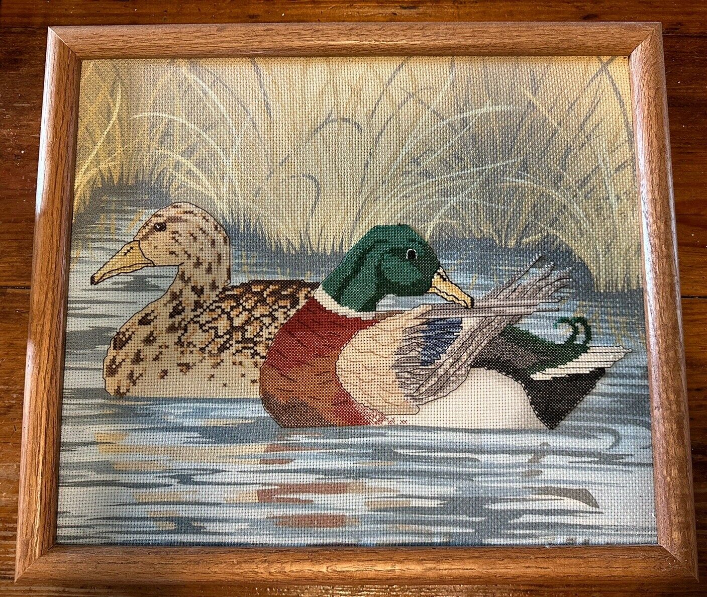 Vintage Crosstich Mallard Ducks Framed Wall Art Decor 15.5x13