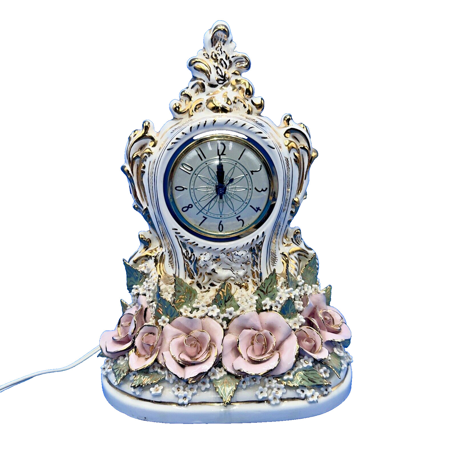 Vtg Lanshire Floral Electric Mantel Clock, Capodimonte Style Gold Leaf Design