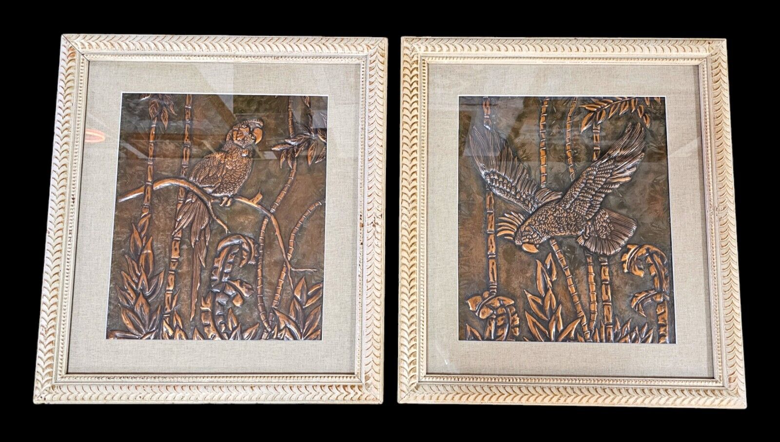 Mid Century 1960s Parrot Copper Relief Pictures Rattan Tiki Pair Matted Framed