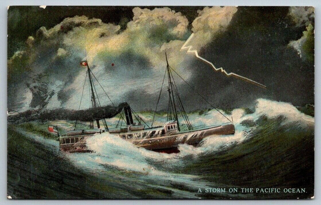 Steamer in A Storm On The Pacific Ocean   Postcard  c1915