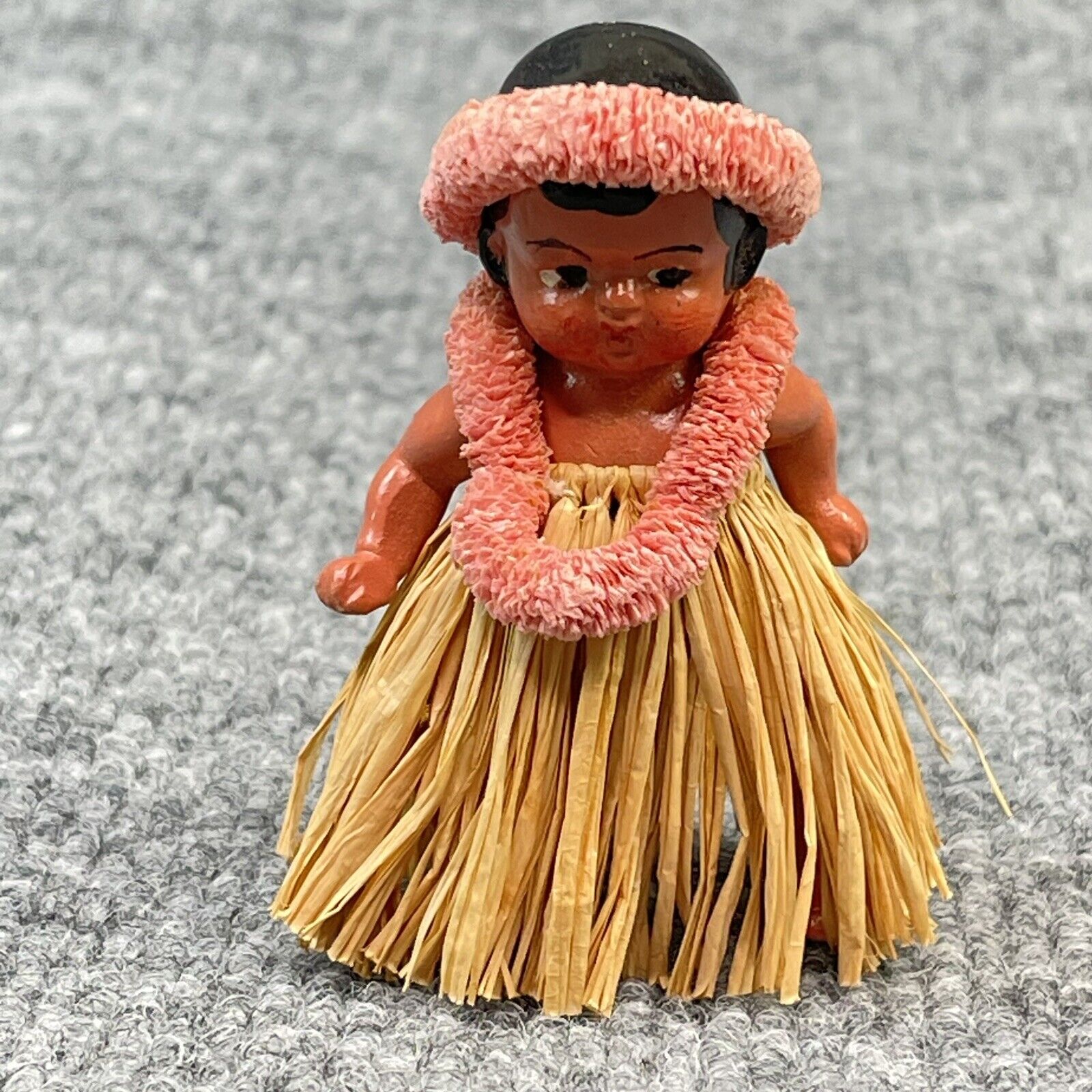 Vintage Hawaiian Hula Doll Grass Skirt Jointed Painted Bisque Baby 3” Tall
