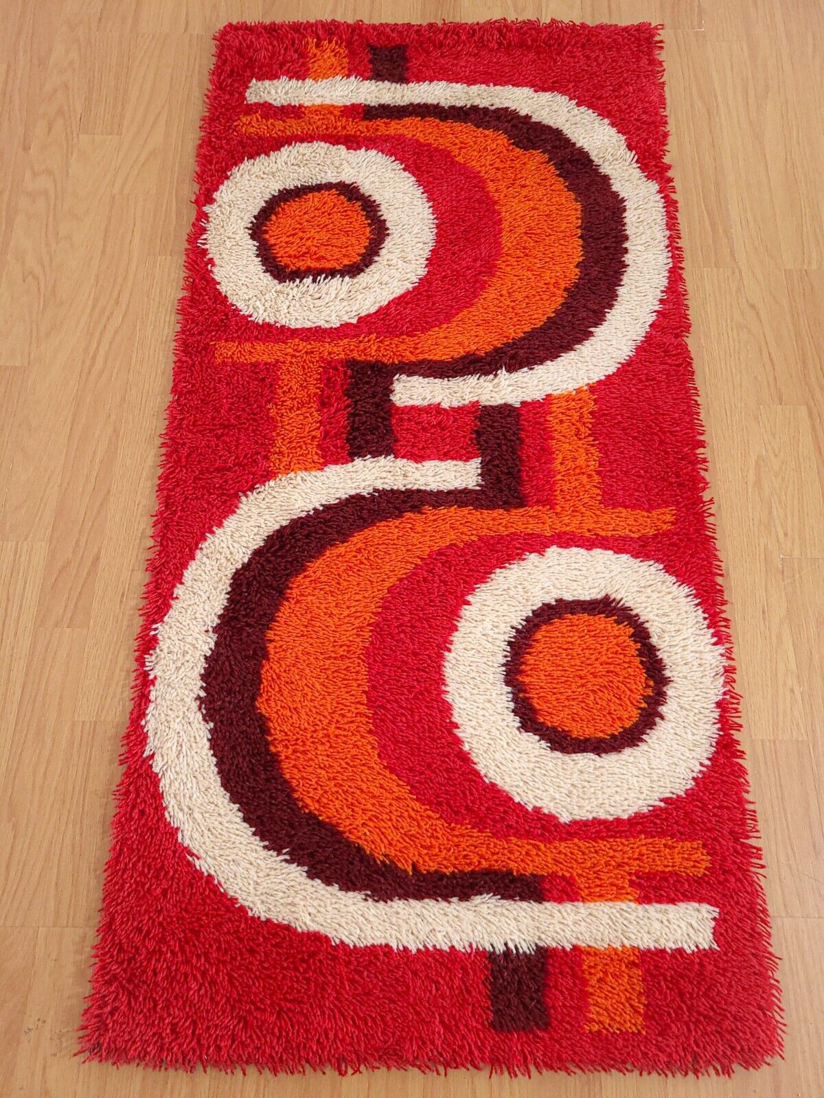 70s high pile acrylic wool rug red orange geometric pop art vintage mid century