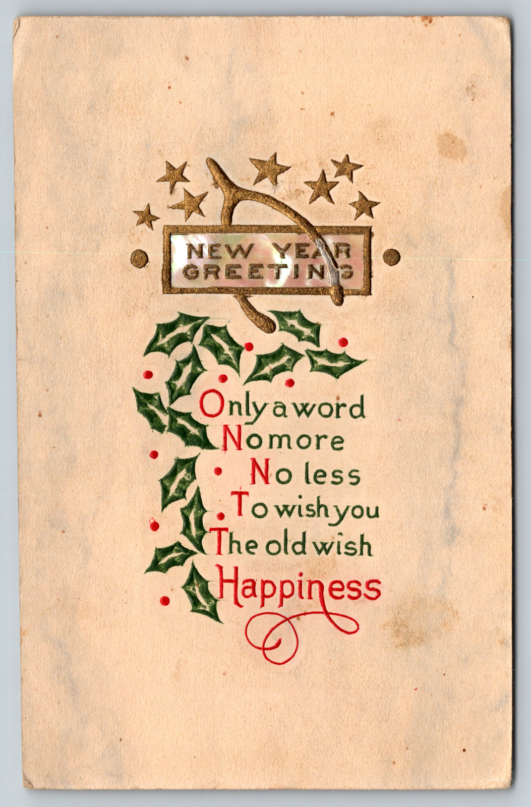 c1910s New Year Greetings Happiness Stars Embossed Antique Vintage Postcard