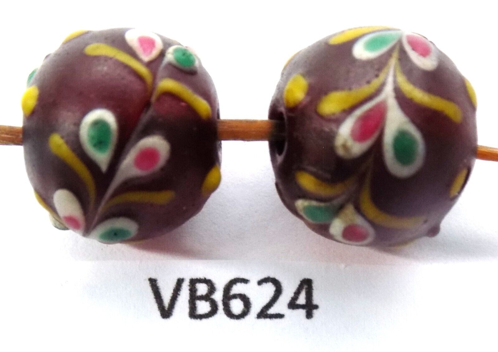 2 Antique Fancy Floral Lamp Dk RED Trade Beads African from Estate VB624  Bg 70