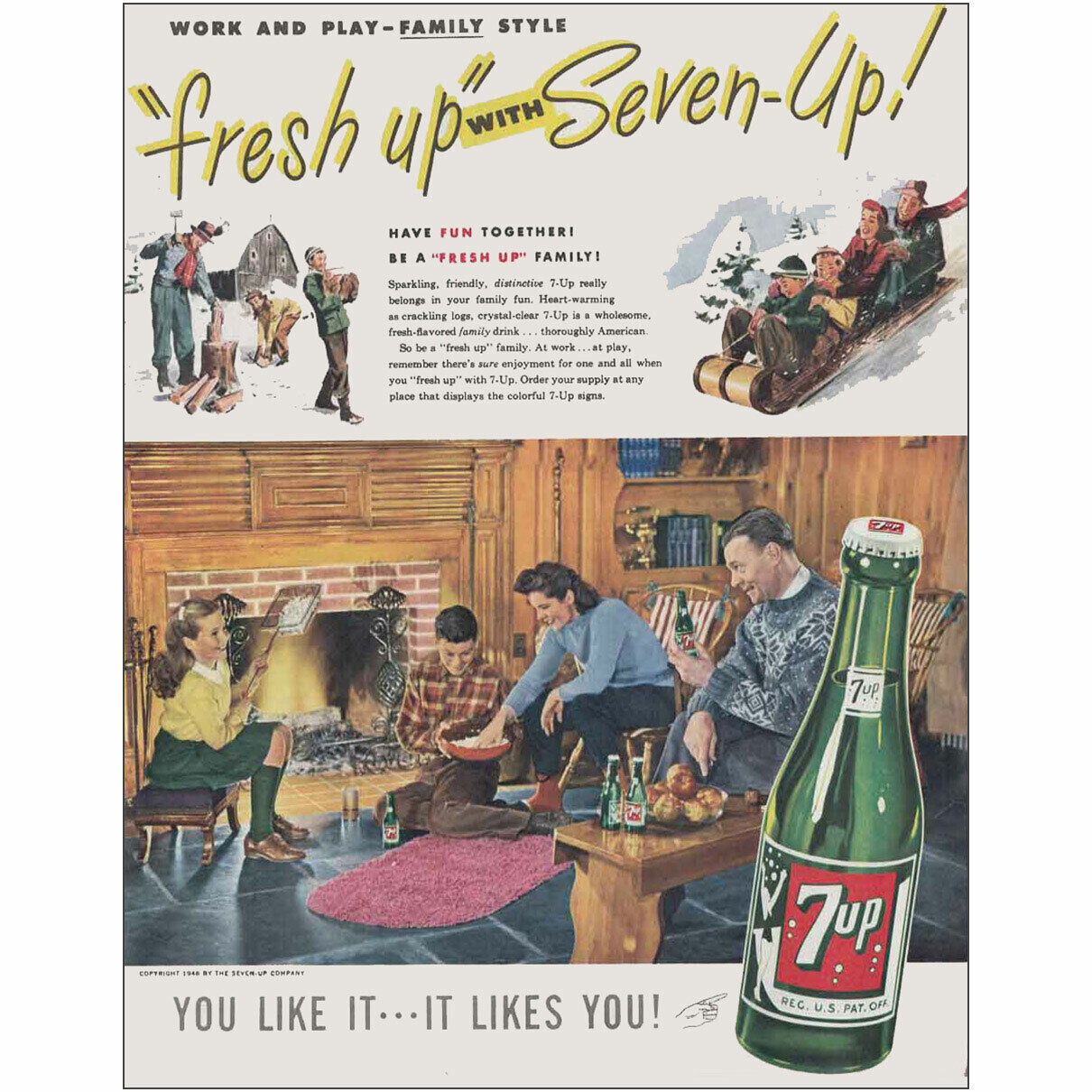 1946 7Up: Fresh Up with Seven Up Play Family Style Vintage Print Ad