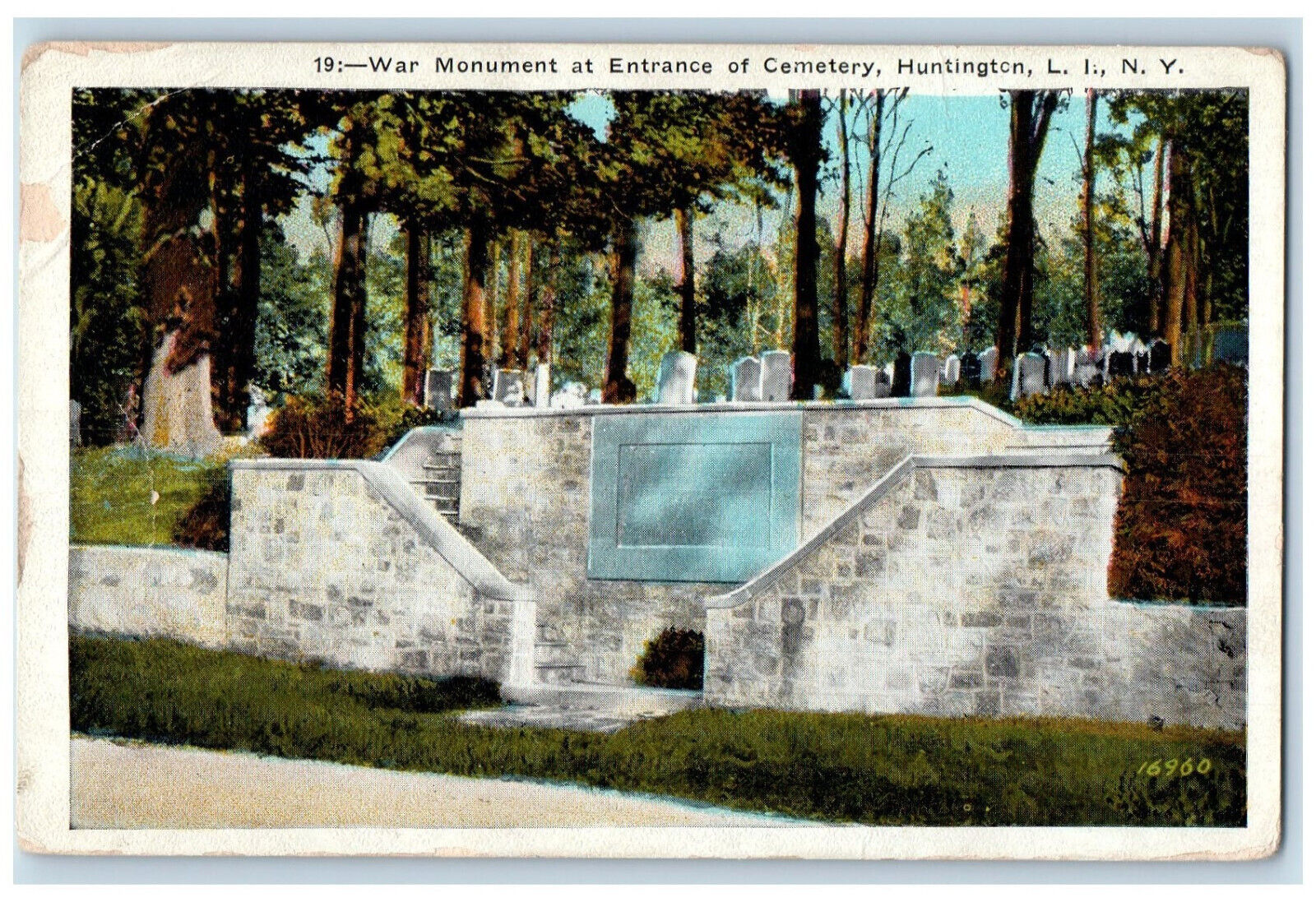 1924 War Monument At Entrance Of Cemetery Huntington Long Island LI NY Postcard