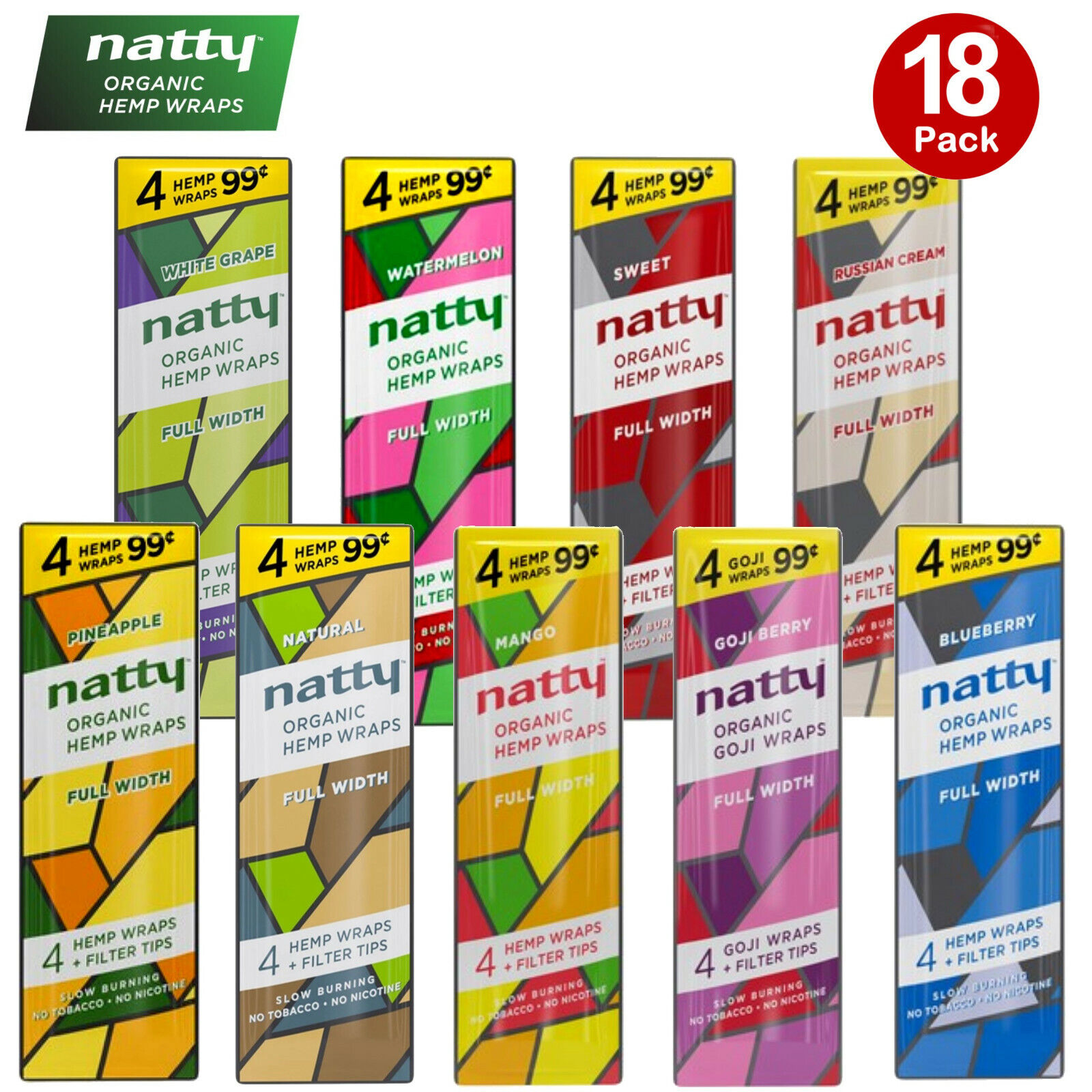 NATTY Organic Flavored Full-Width Herbal Wraps Variety Sampler 18/4CT Packs 72PC