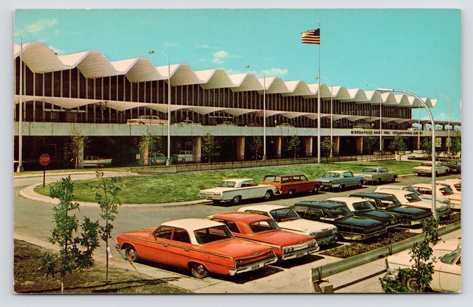 c1960s Chevy Impala~Minneapolis St. Paul Minnesota Airport~Vintage MN Postcard