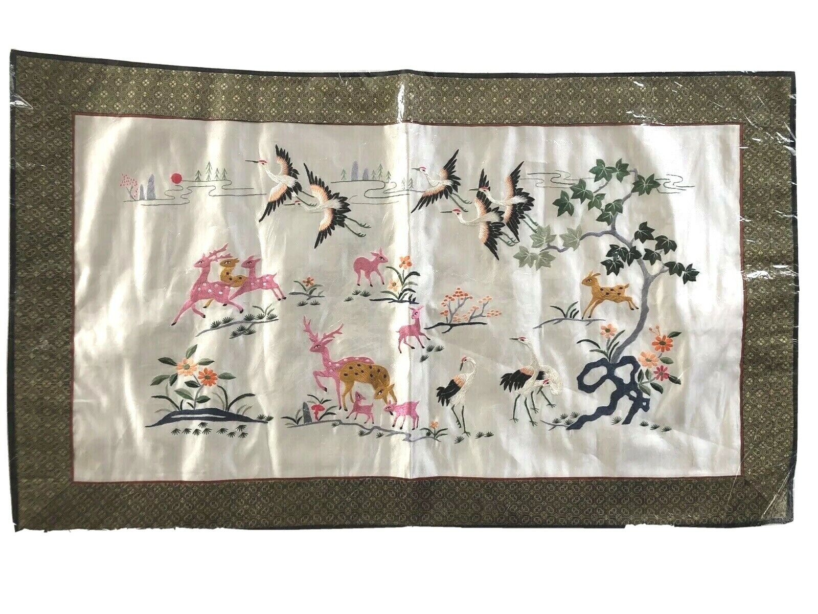 Vtg Embroidered Silk Cloth Textile Art Deer Cranes Peoples Republic of China New