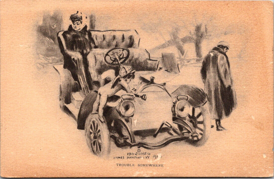 Artist James Montgomery Flagg Cupid Car Trouble Somewhere Postcard