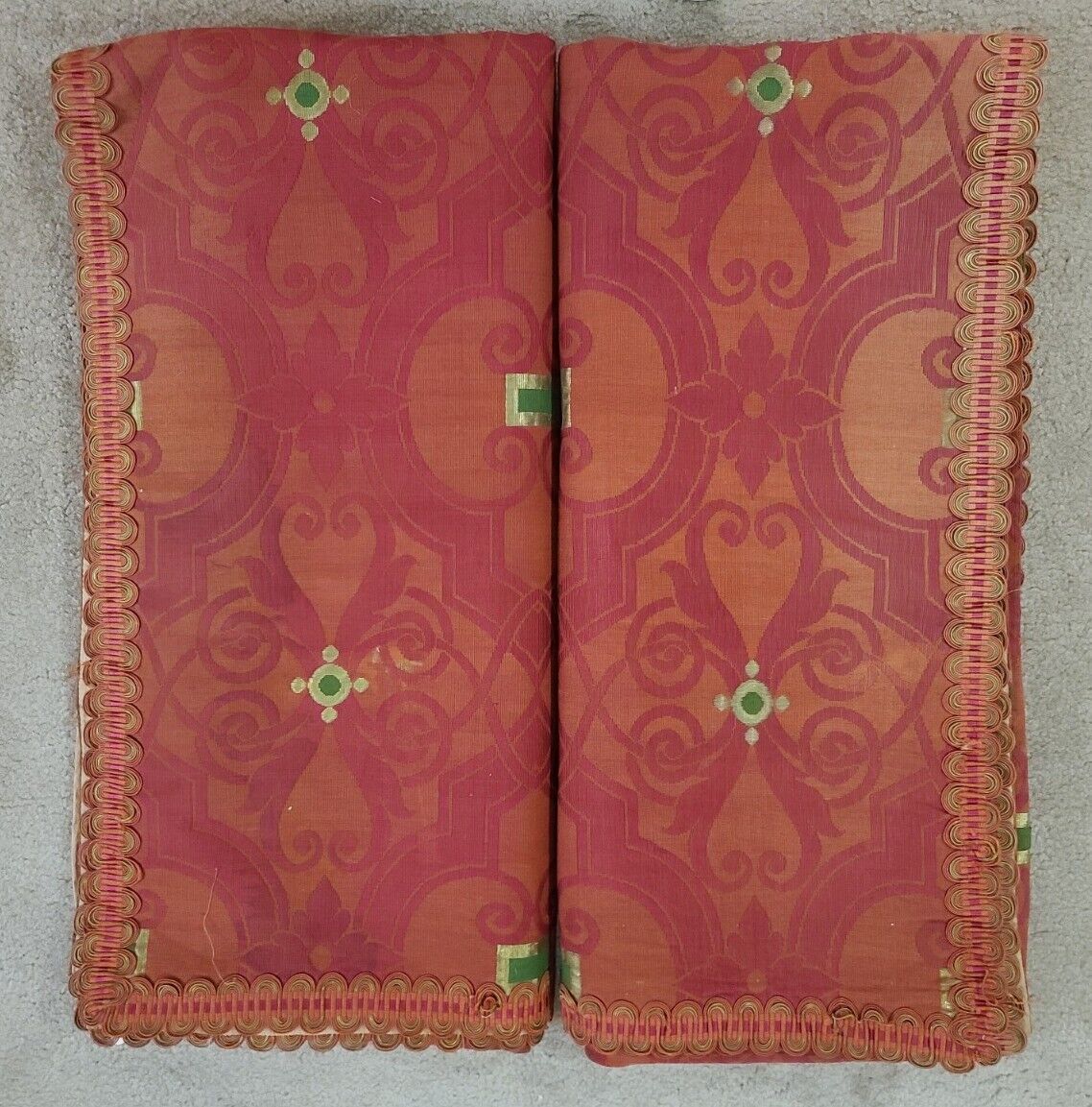Antique Vintage Embroidered Curtain Pair Fabric Red Gold Green 53.5\