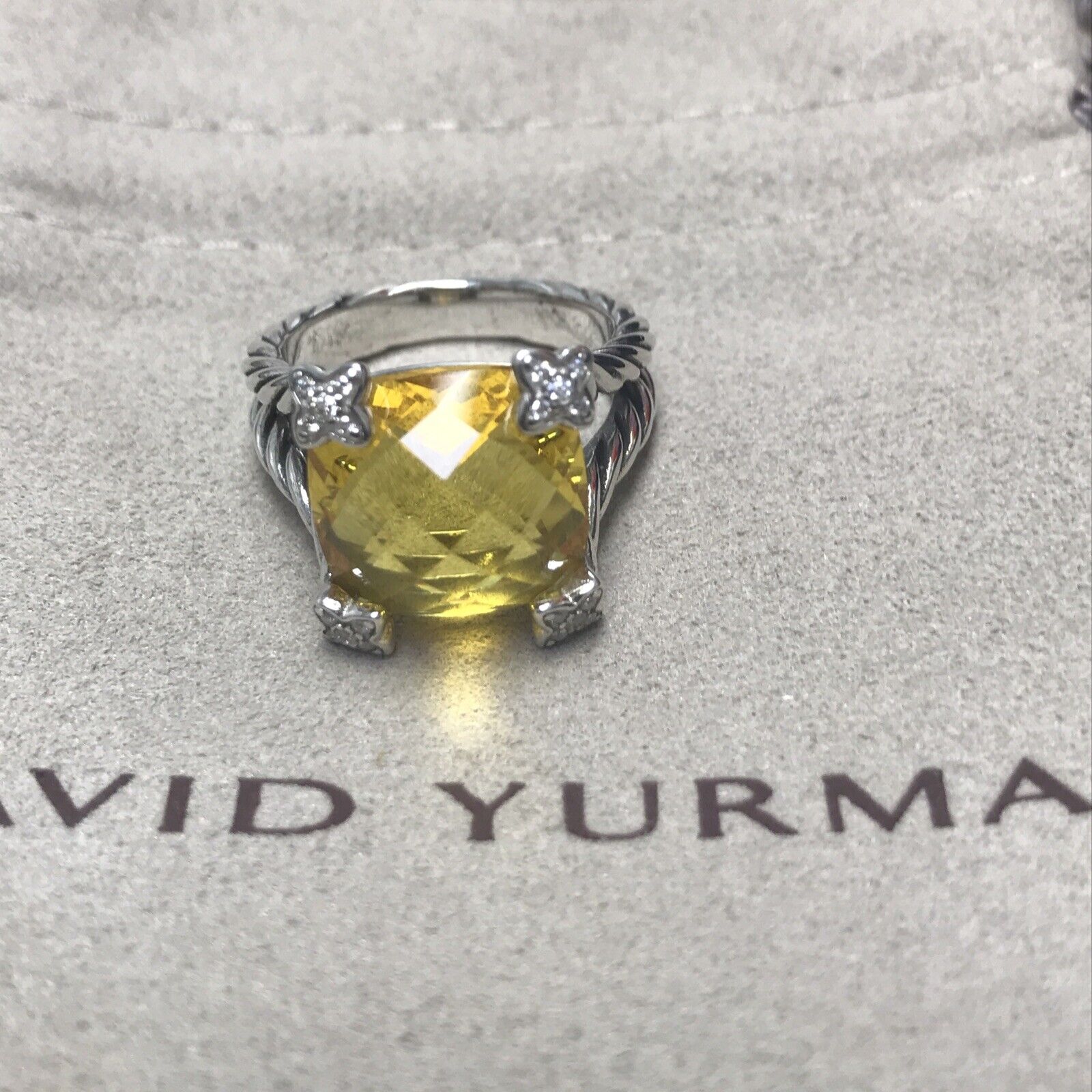 David Yurman 14x14mm Cushion on Point Ring Lemon Citrine and Diamonds size 8.5