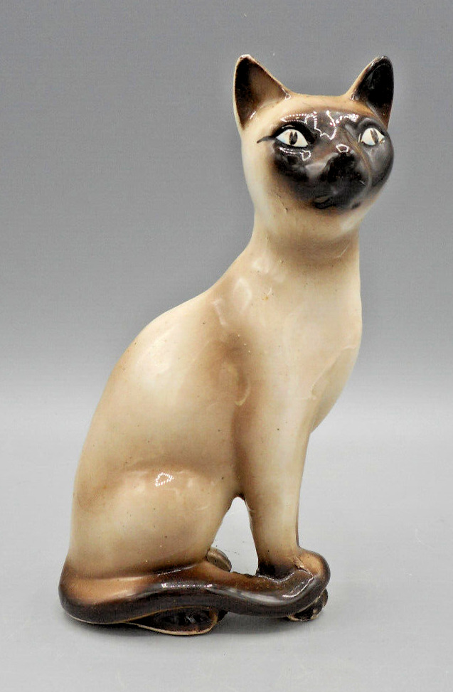 Vintage Pottery Siamese Cat Ceramic Brown Beige Sitting Made in Japan 5.5\