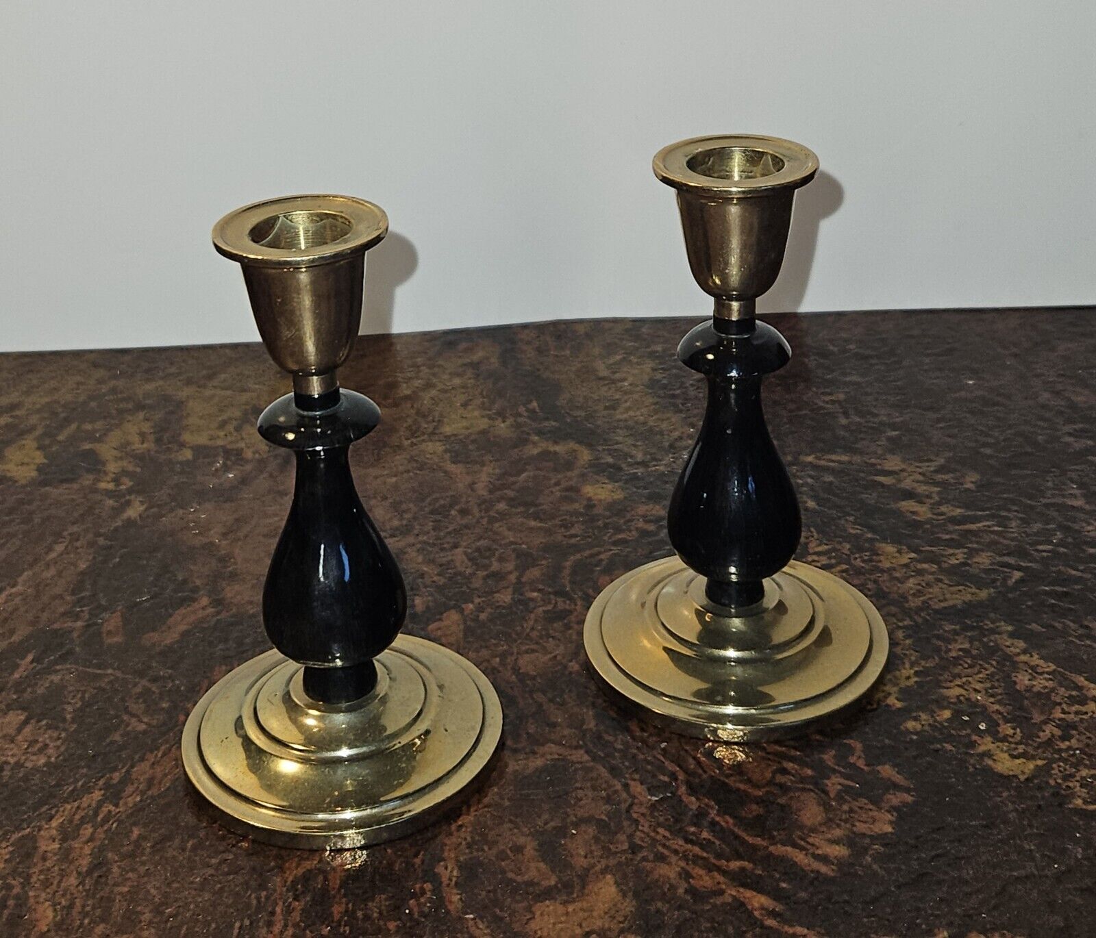 Vintage Wood and Brass Taper Candle Holders (2) 