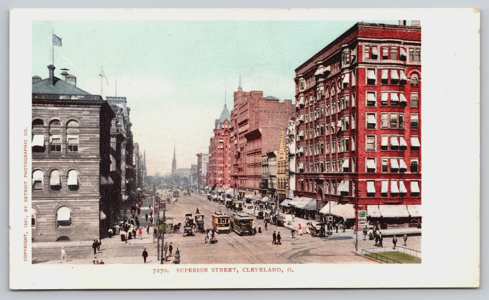 Superior Street Cleveland Ohio OH Downtown Stores Trolleys 1901 Vtg Postcard D2