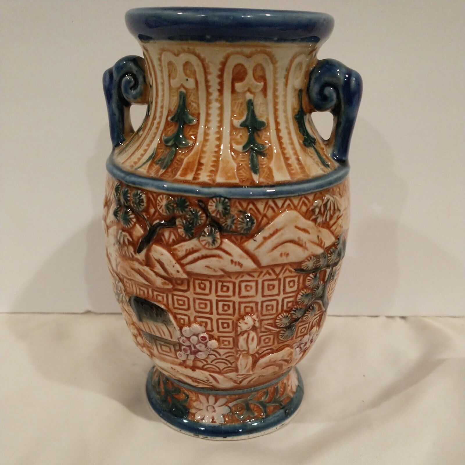 Vase Oriental Ceramic Hand Painted Made In Japan Marked #17 Nature Scene Vintage