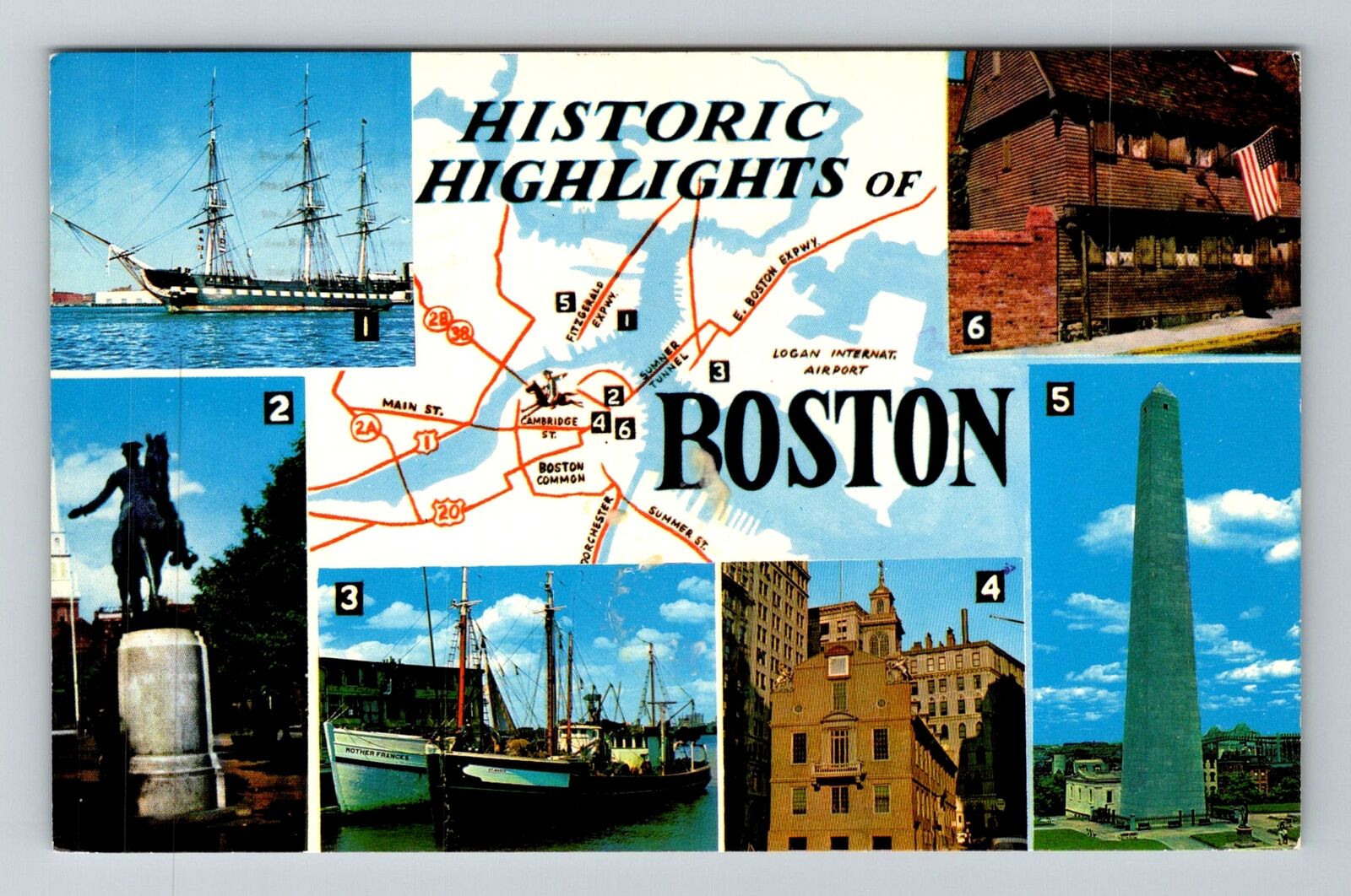 Boston MA-Massachusetts, Historic Highlights Boston, City Map Vintage Postcard
