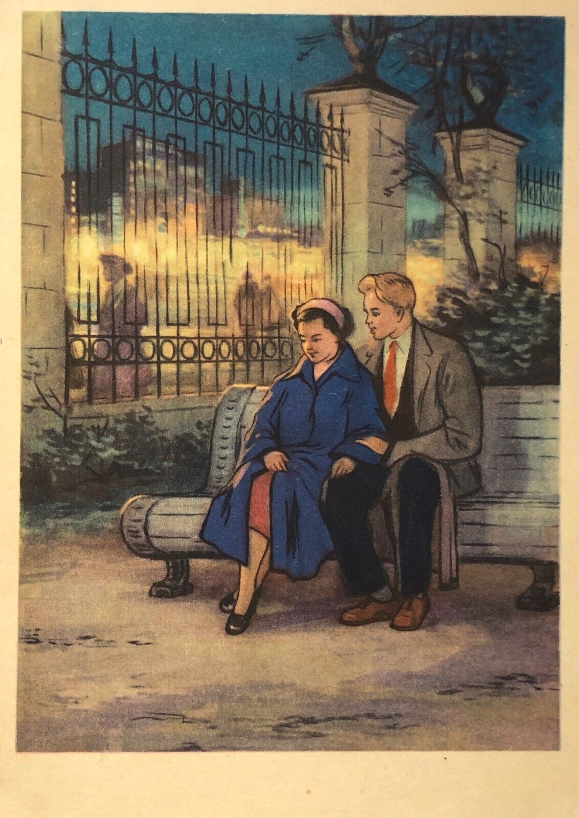 1956 Vintage Postcard Soviet Young couple Date Romance Date Girl Guy Love card