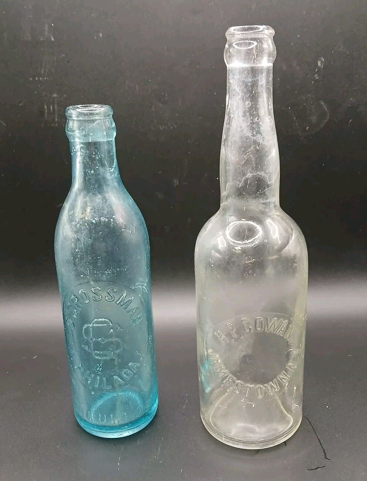 2 Antique 1910\'s Glass Bottles-S. Crossman Philada. Aqua Blue & Clear H.F. Cowan