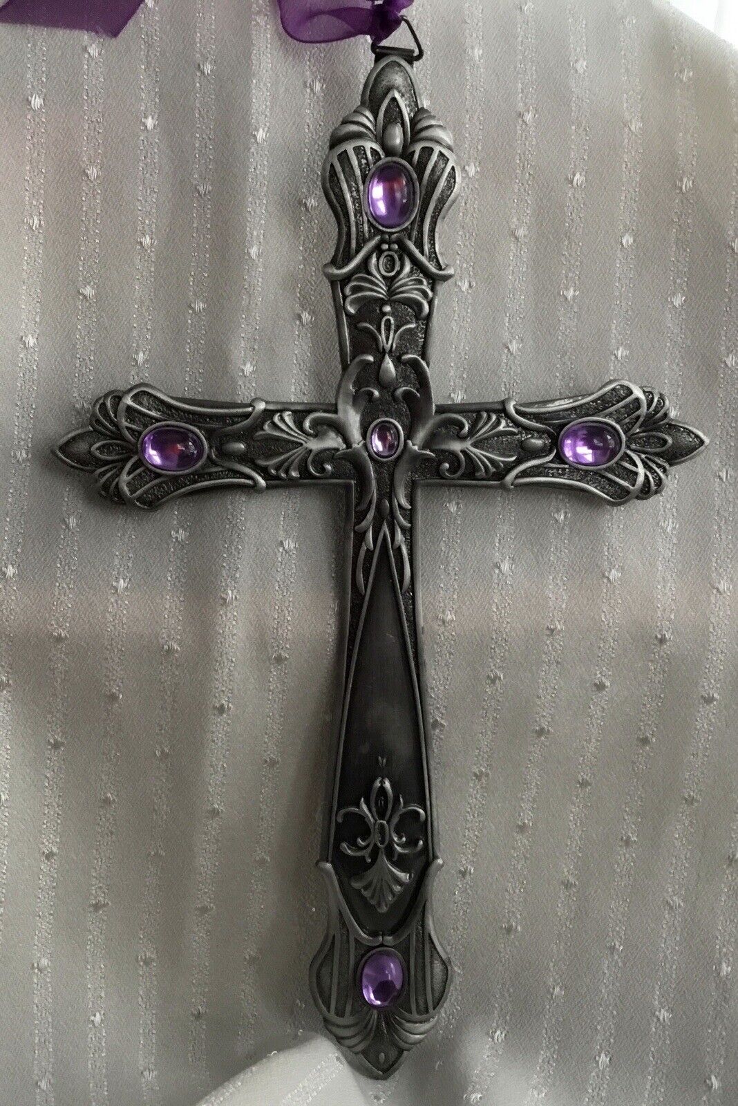 Crucifix (hanging) Pewter-Toned w/ Purple Rhinestones   **Pre-Owned**