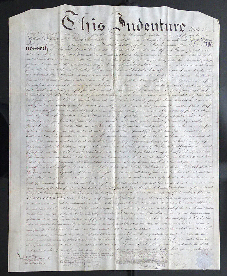 1852 Antique PHILADELPHIA Vellum DEED INDENTURE Document / CASSEY to BROLASKY