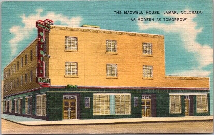 LAMAR, Colorado Postcard THE MAXWELL HOUSE Hotel / Street View Linen 1952 Cancel