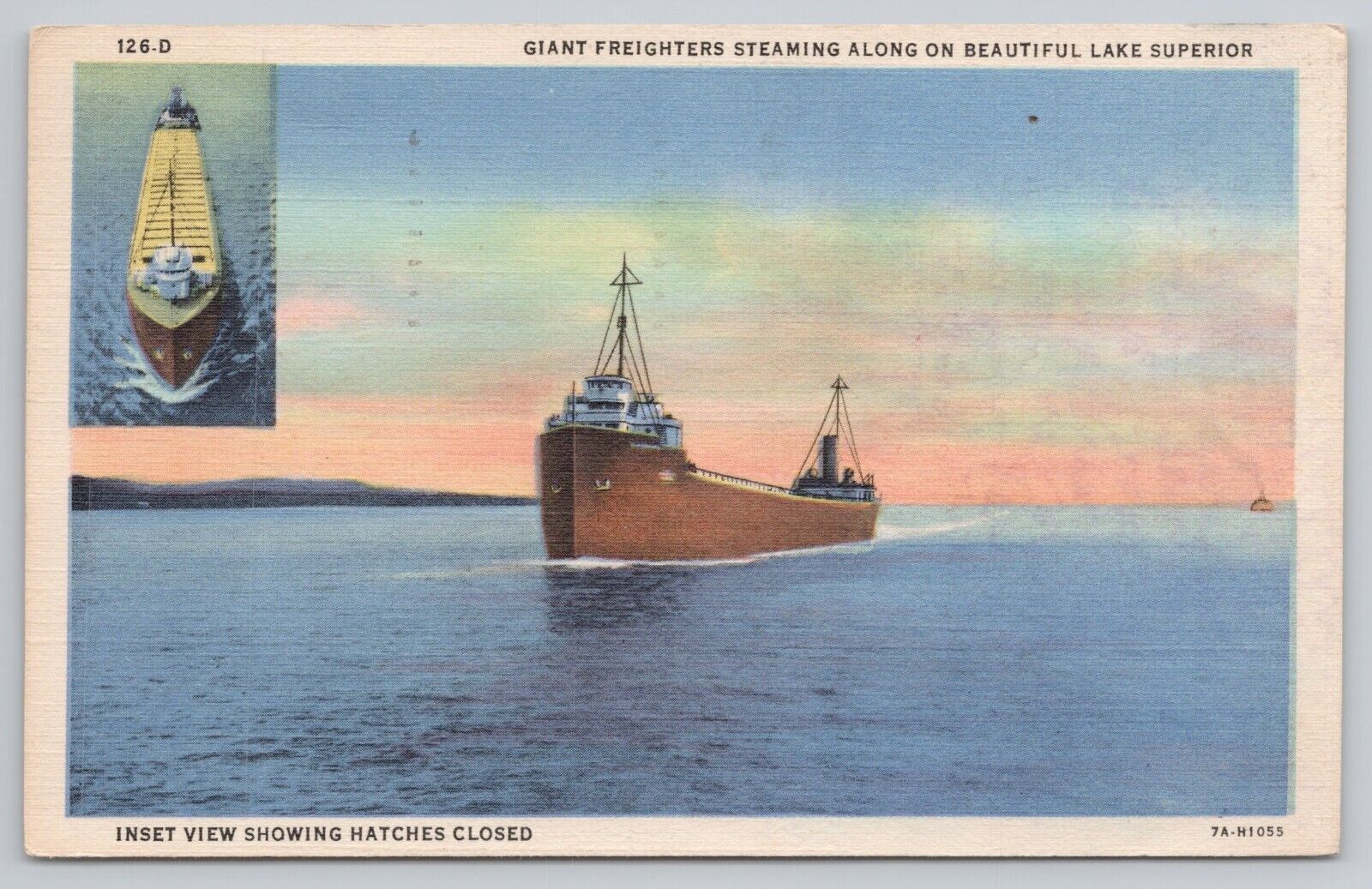 Postcard Giant Freighters Steaming Along Lake Superior, MN, Vintage PM 1950