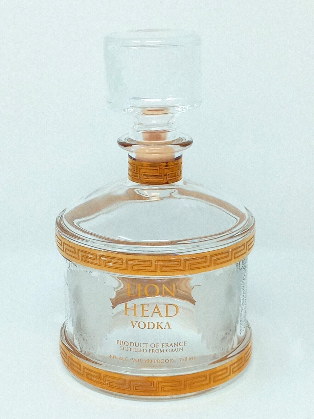 Lion Head Vodka empty 750ml clear glass Bottle w/ Stopper embossed frosted lions