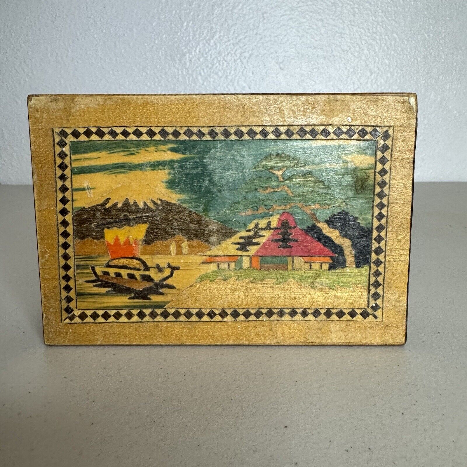 Vintage Japanese Mount Mt Fuji Wooden Puzzle Box Decorative Colorful Wood Print
