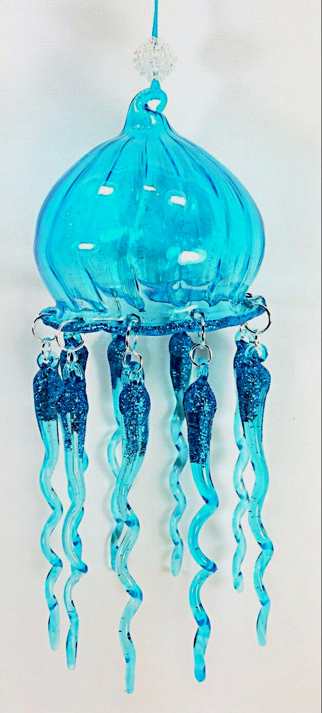 Jellyfish Hand Made Glass Blue Ornament Holliday/Sealife Decor