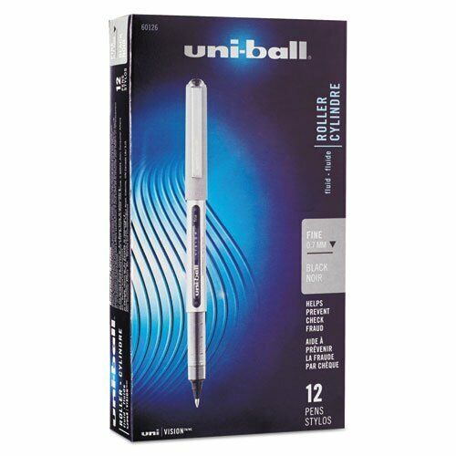 12 - UNI-BALL VISION Pens - FINE 0.7mm Rollerball - BLACK INK - uniball