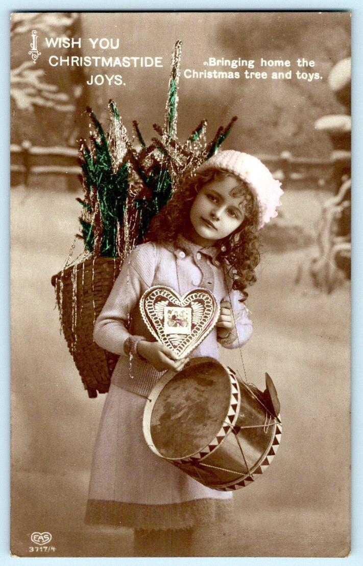 1910\'s RPPC GIRL DRUM HEART TINSEL PINK GREEN SCHWERDTFEGER BERLIN CHRISTMAS PC