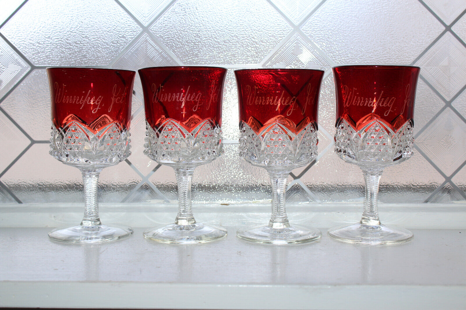 4 Antique Red Ruby Flashed Glass Goblets Winnipeg Jct MN Ghost Town