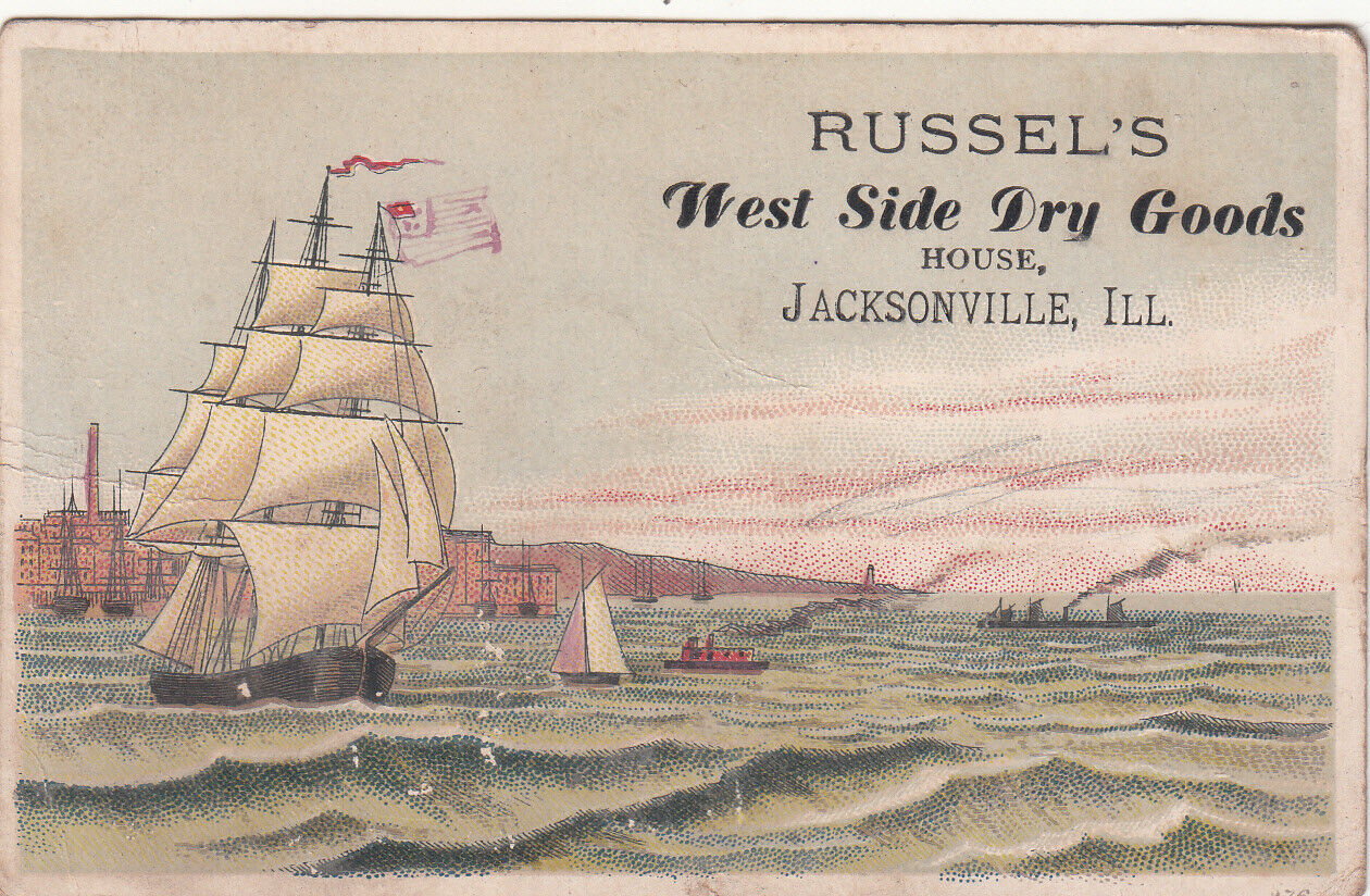 Russel\'s West Side Dry Goods House Jacksonville IL Sailing Ship Vict Card c1880s