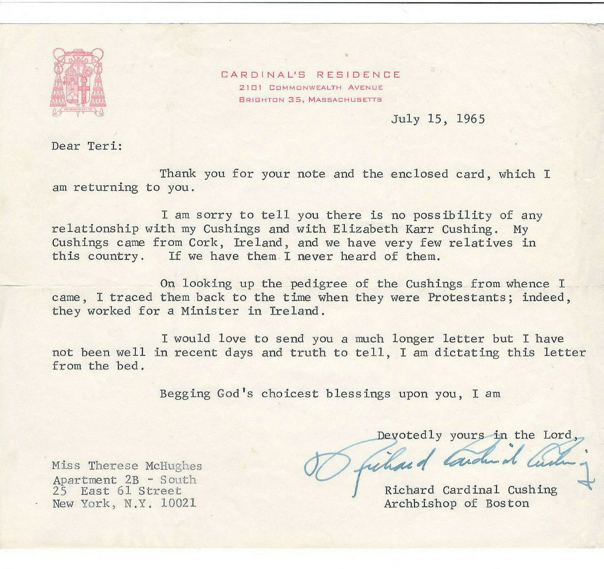 Archbishop Richard Cardinal Cushing Signed Letter 1965 / Autographed
