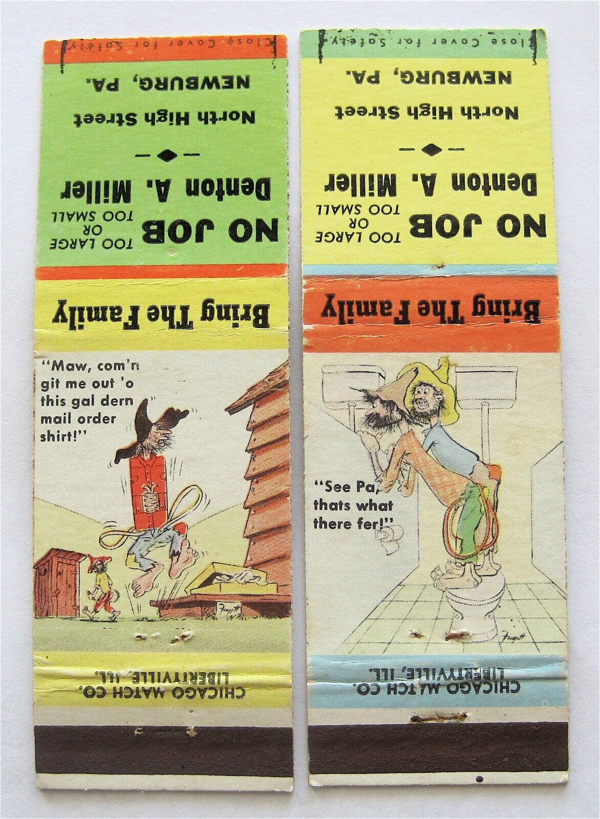 NO JOB TOO LARGE OR TOO SMALL  DENTON A. MILLER, NEWBURG, PA 2 MATCHBOOK COVERS