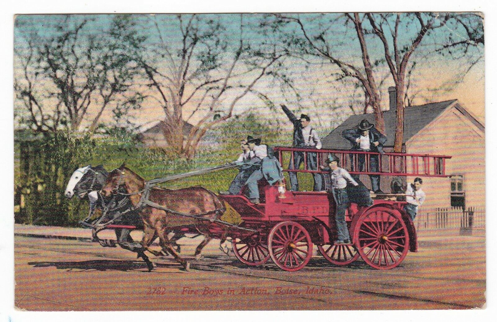 1908 BOISE ID HORSE DRAWN FIRE ENGINE GALLOPING OLD POSTCARD IDAHO STANFORD NE 