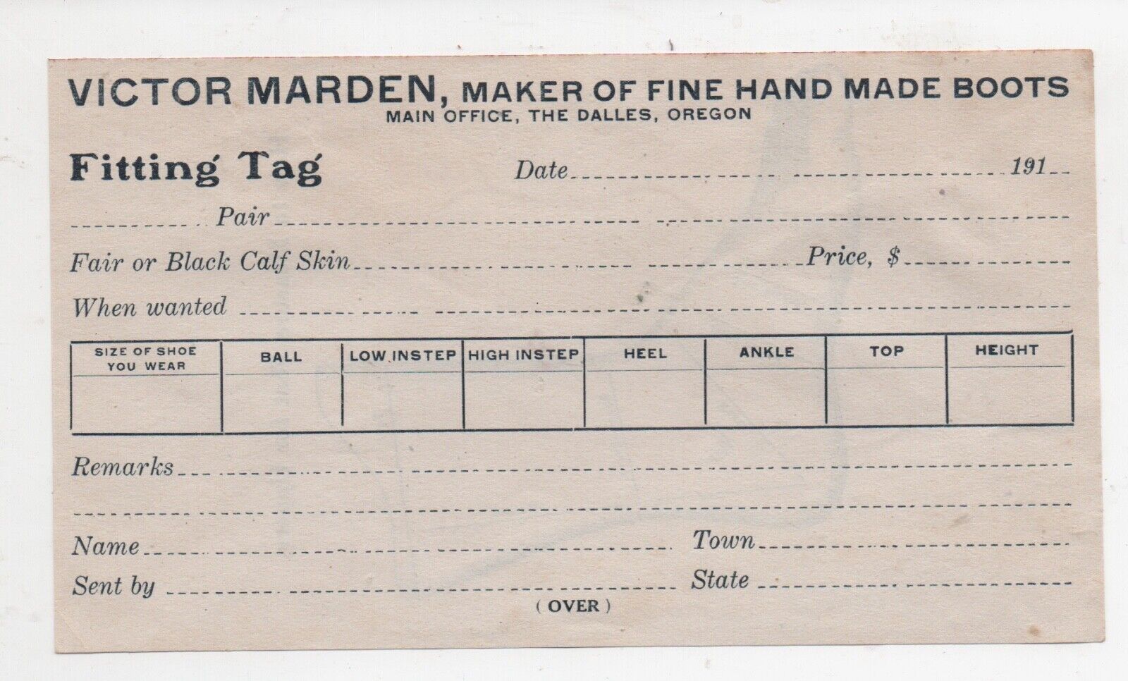 1910 Paper Fitting Tag Victor Marden Fine Boots The Dalles Oregon