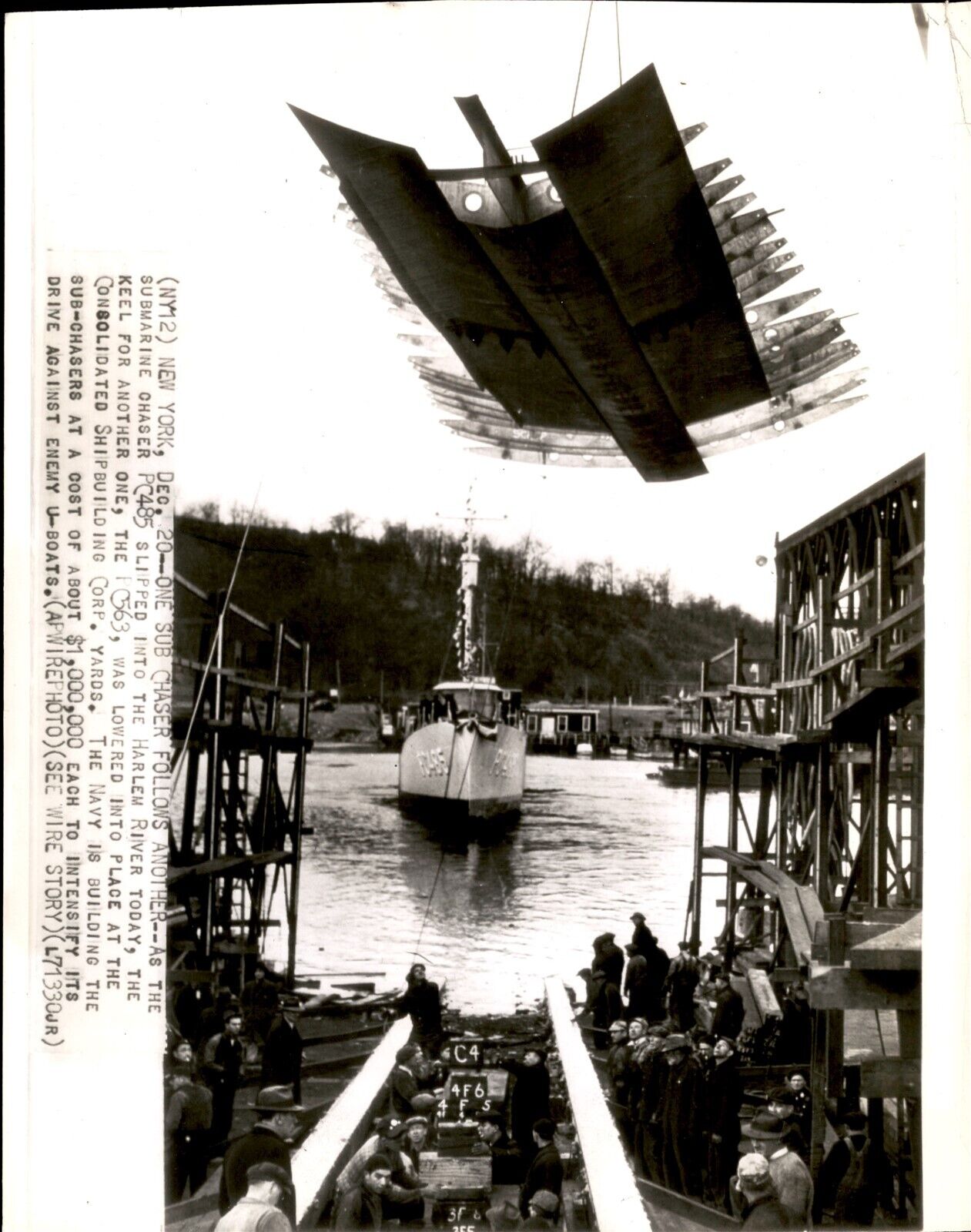 LG51 1941 Wire Photo LAYING KEEL ON SUB CHASER PC563 & PC485 LAUNCH HARLEM RIVER