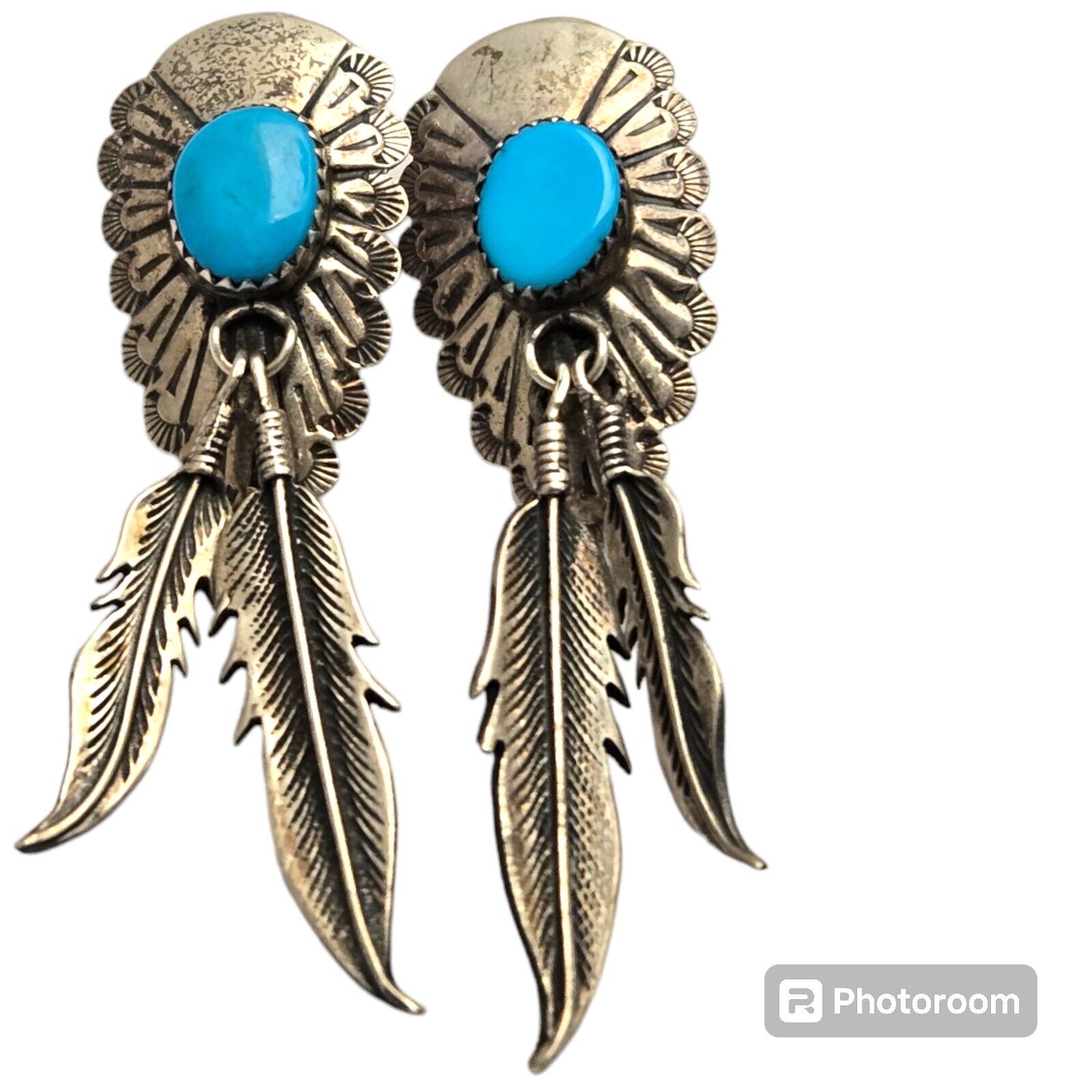DETAILED NAVAJO Sleeping Beauty TURQUOISE STERLING SILVER Concho EARRINGS 
