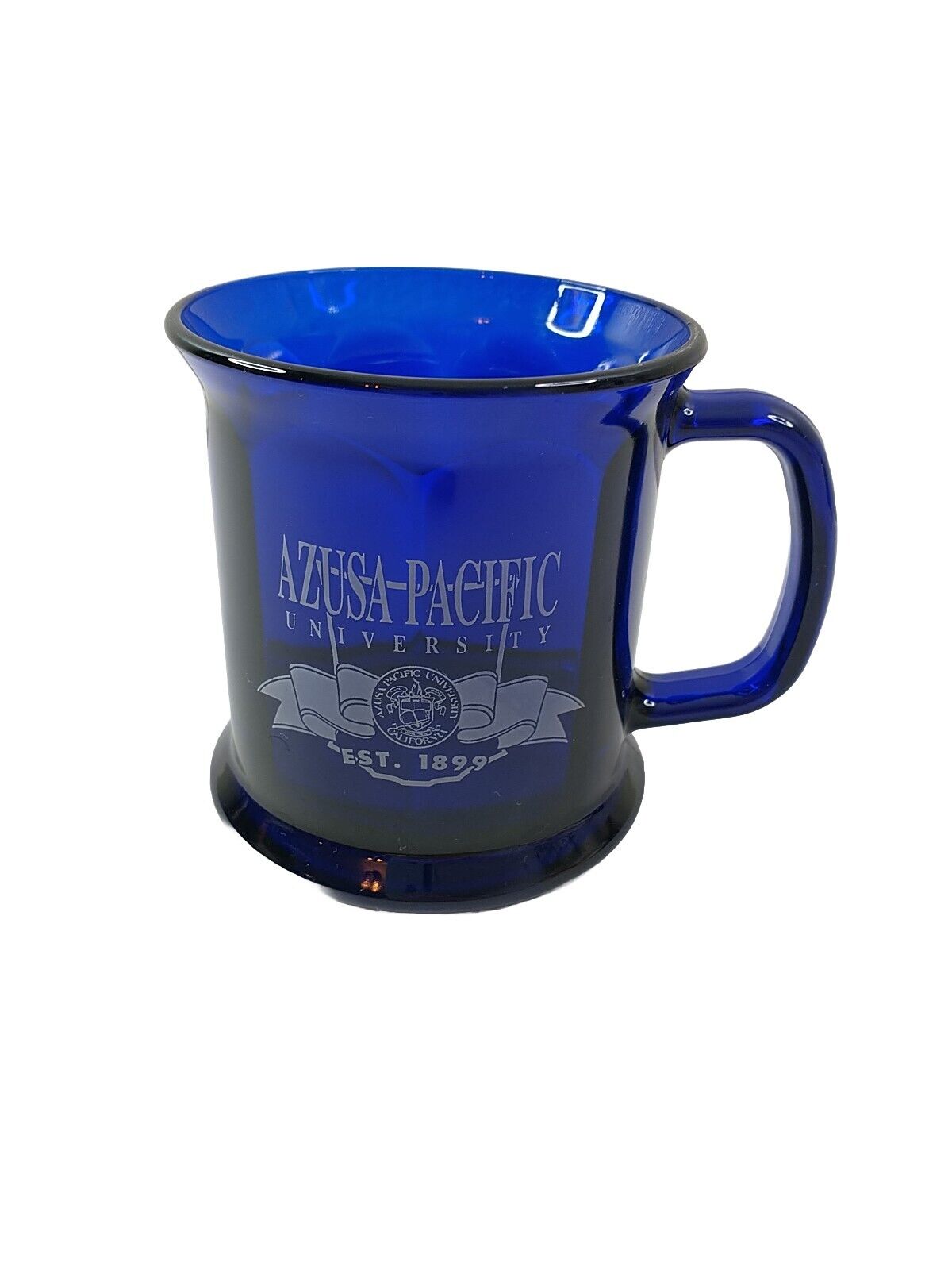 Vintage 1995 Azusa Pacific University Cobalt Blue Glass Mug Cup