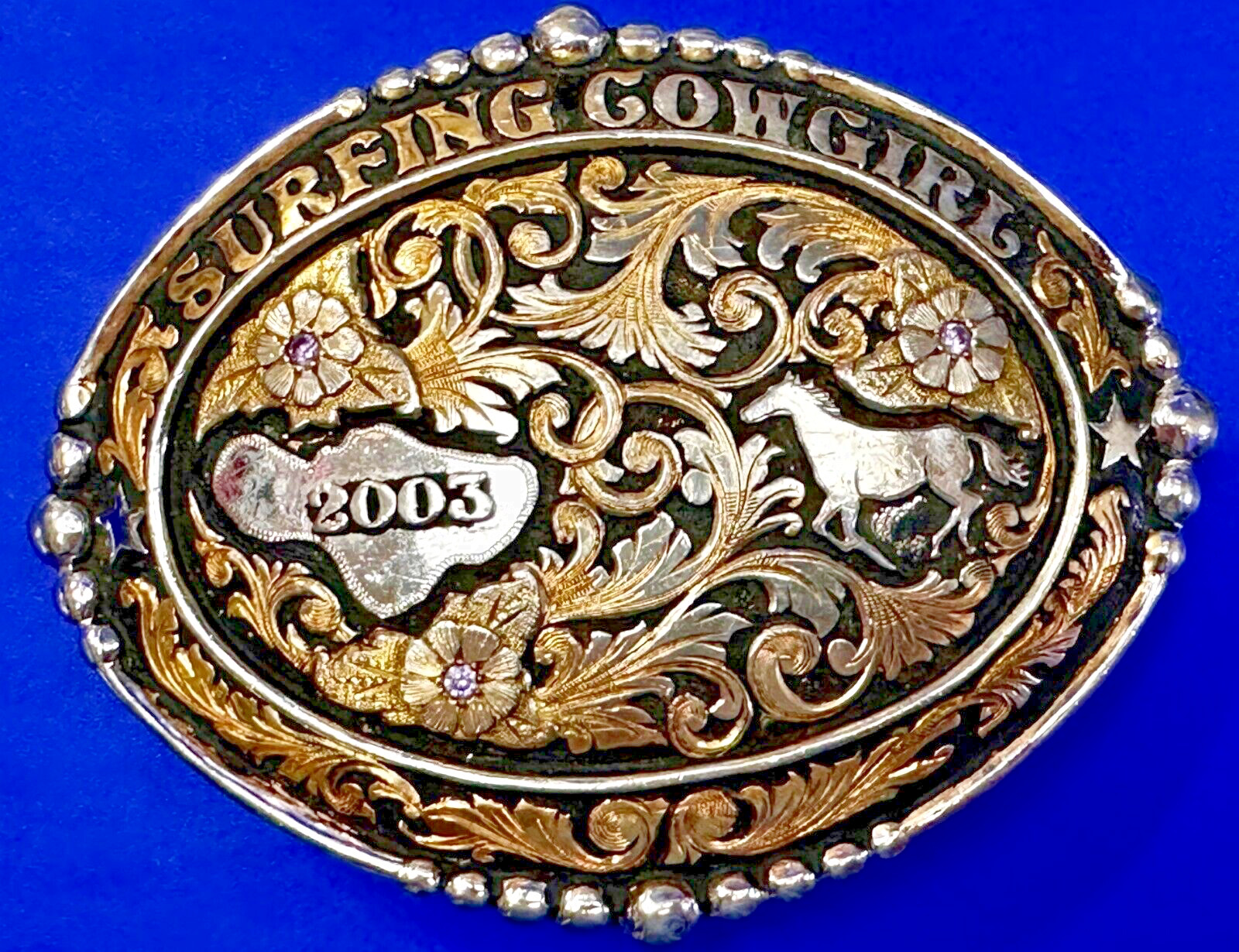 Surfing Cowgirls 2003 Large Horse Two-Tone Western Award Trophy Belt Buckle