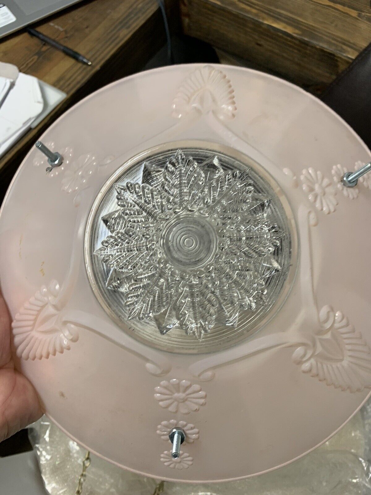 Vintage Art Deco Frosted Pink Glass Light Shade 3 Hole Chain Ceiling Fixture