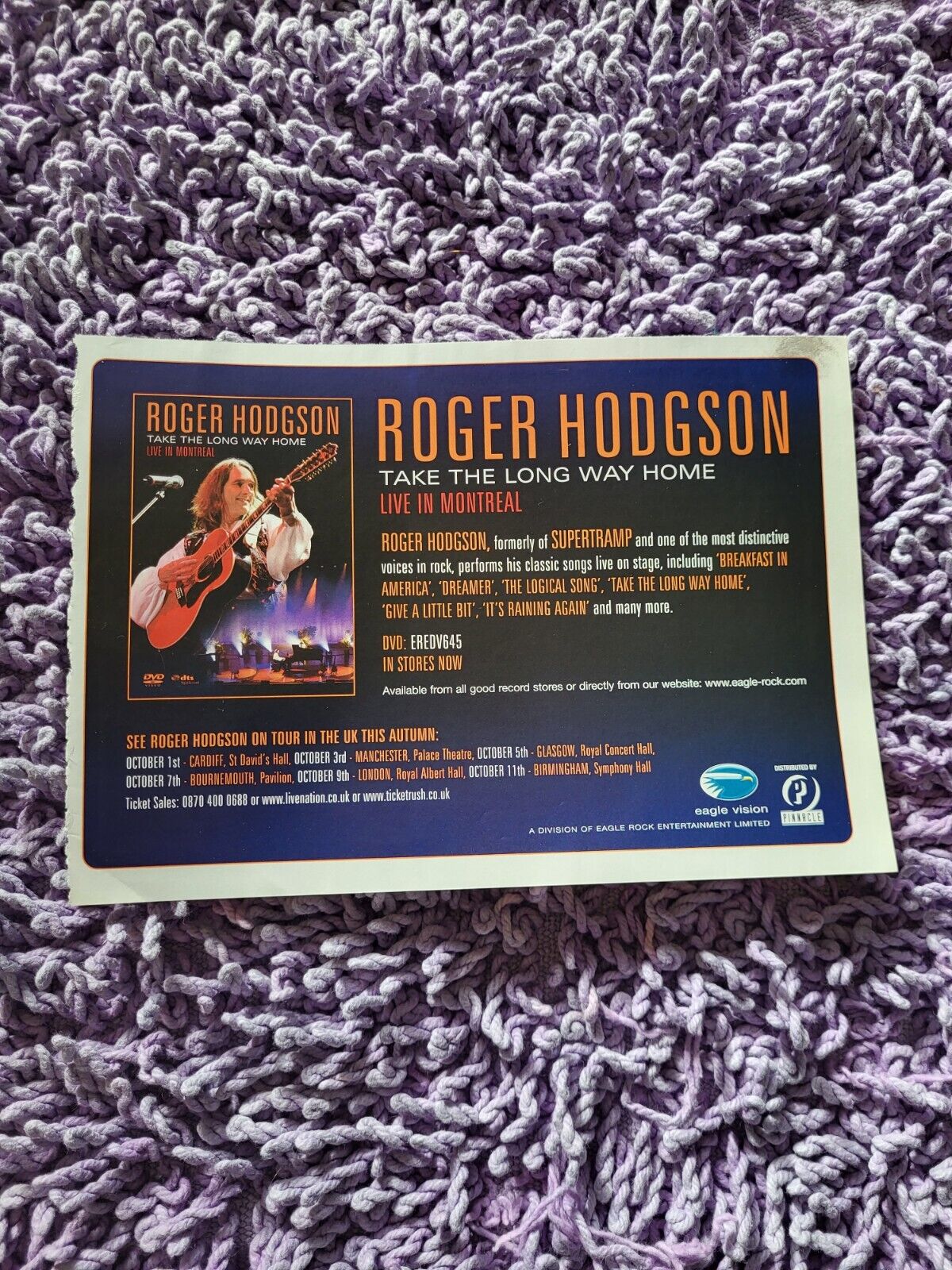 TPGM28 ADVERT 5X8 ROGER HODGSON : \'TAKE THE LONG WAY HOME\' LIVE IN MONTREAL