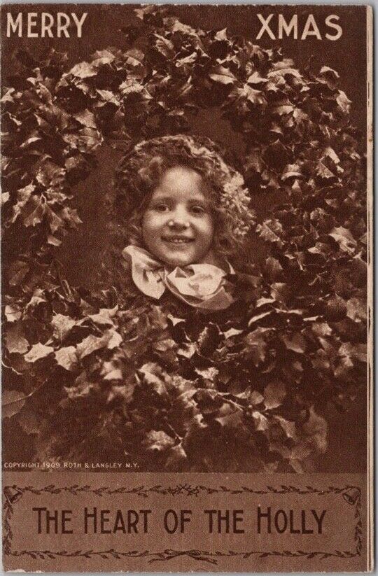 c1910s CHRISTMAS Greetings Postcard Little Girl / Holly Wreath \