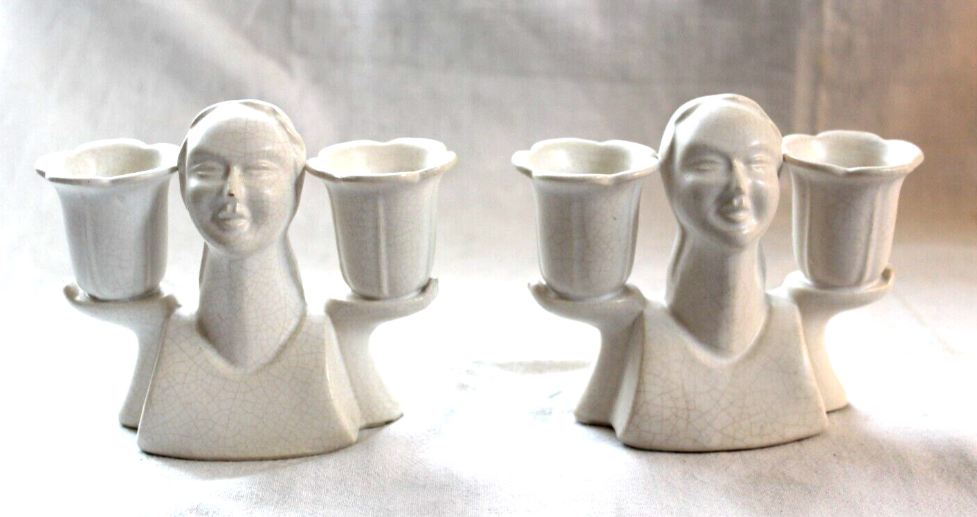 Pair Antique 1940s Art Deco Woman Head Double Candleholders White Ceramic Japan
