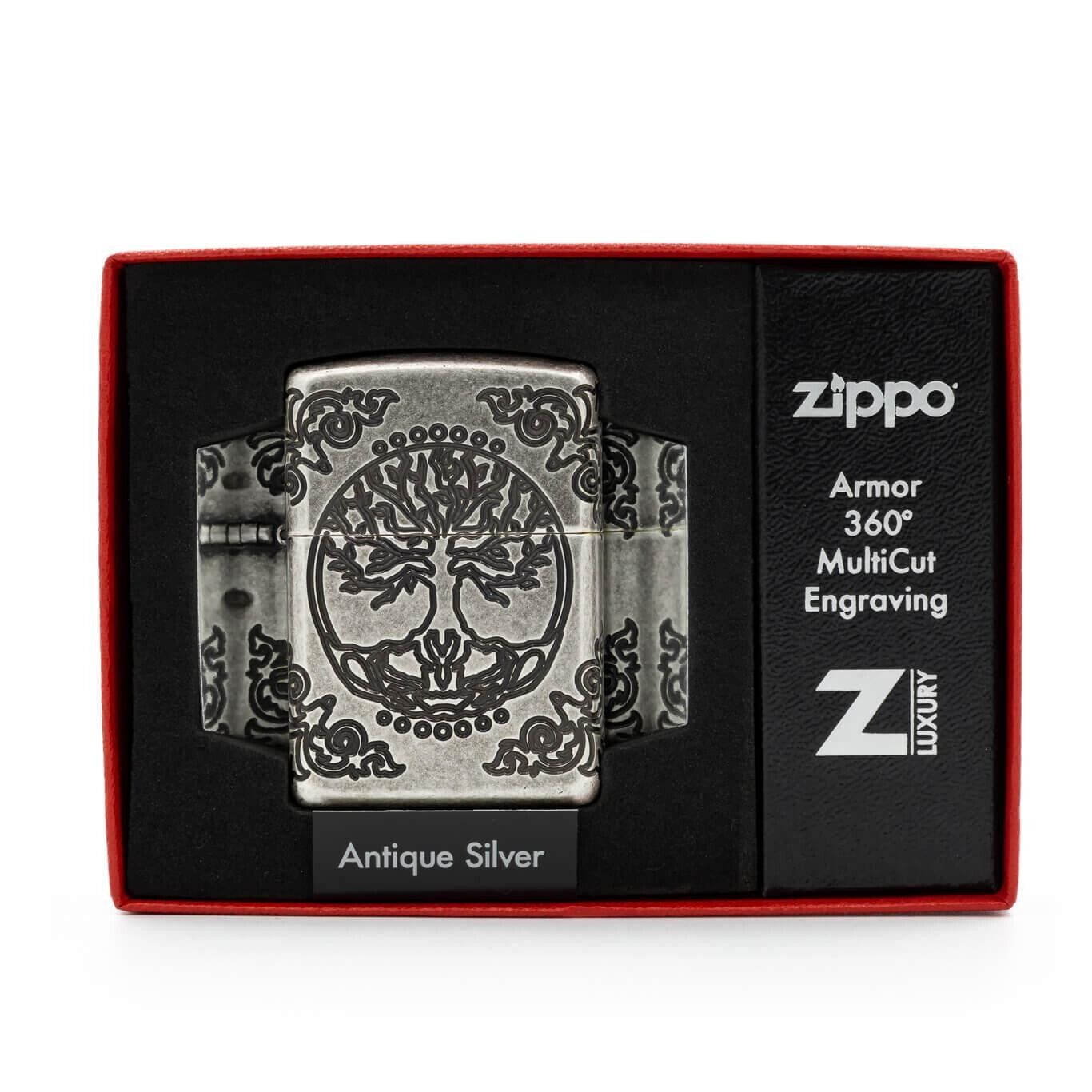 Zippo Windproof ARMOR Lighter TREE OF LIFE 360° MultiCut Antique Silver NEW