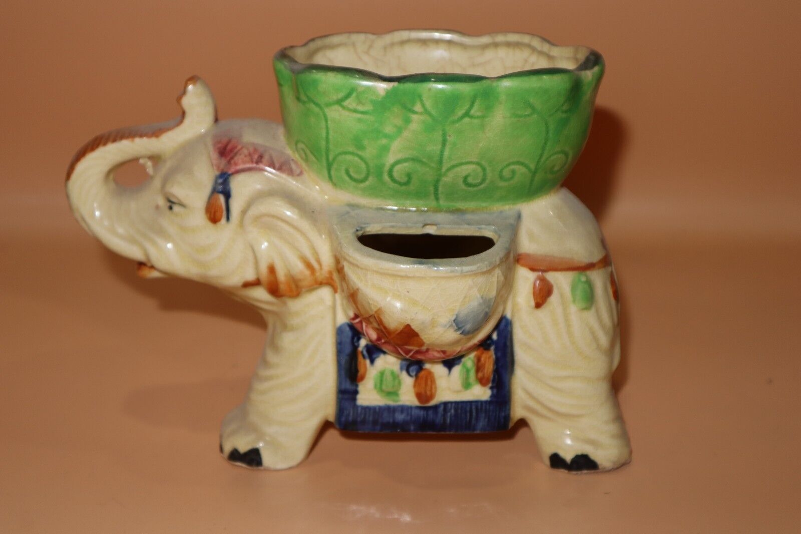 Vintage Asian Ceremonial Tassels Ceramic Elephant Planter Made in Japan
