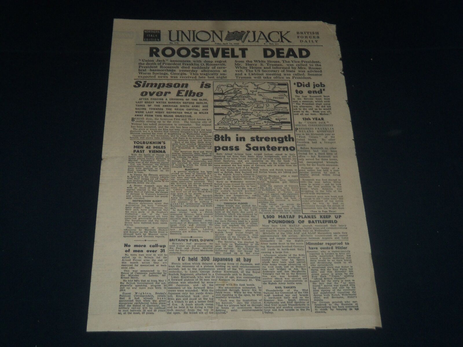 1945 APRIL 13 UNION JACK BRITISH FORCES DAILY NEWSPAPER- ROOSEVELT DEAD- NP 3697